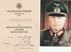 AWARD DOCUMENT SIGNED BY PANZER GENERAL HUBE image 1