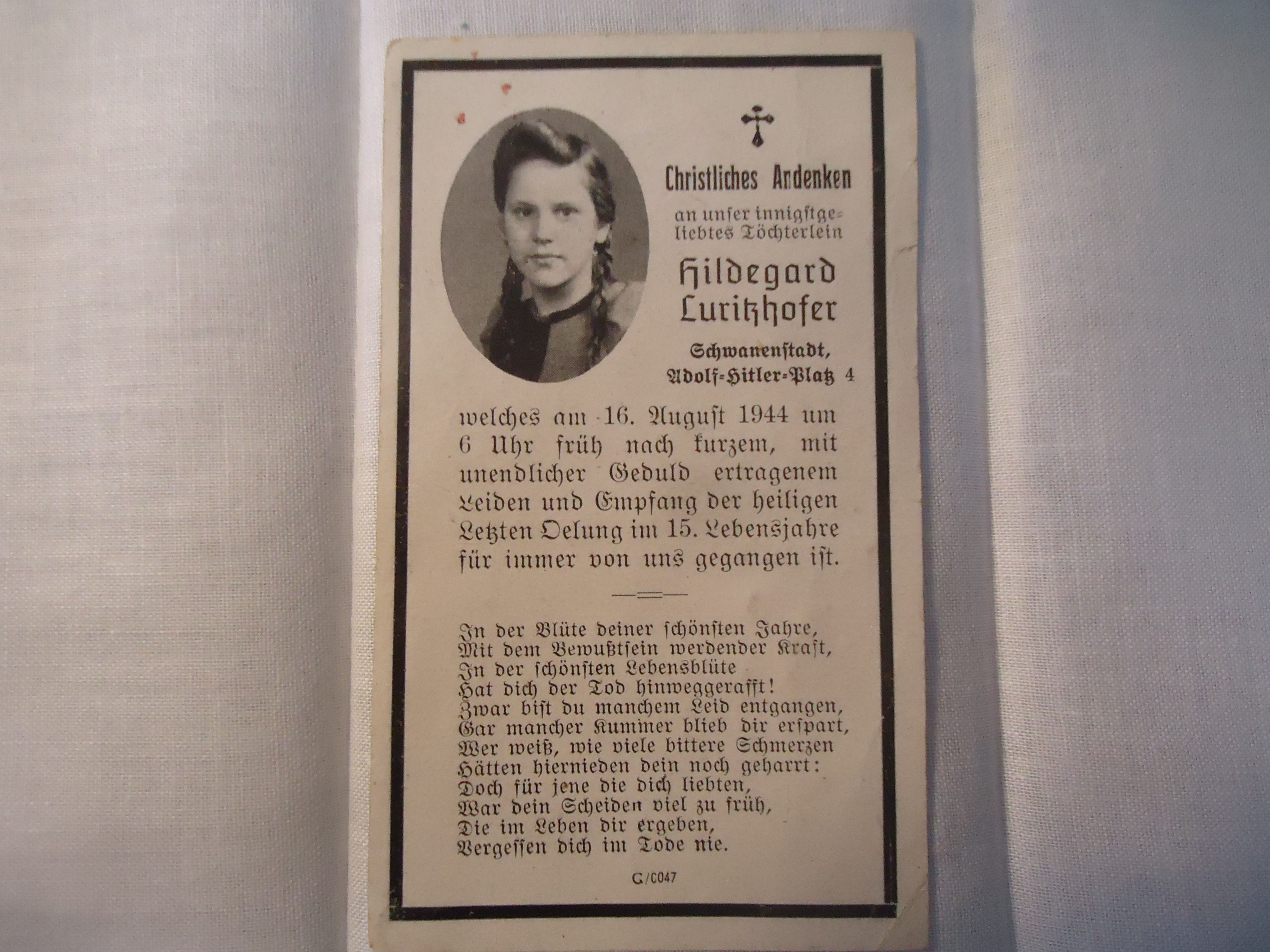 German Death Card 15 Yr Old Girl 1944 Sjs Militaria 5742