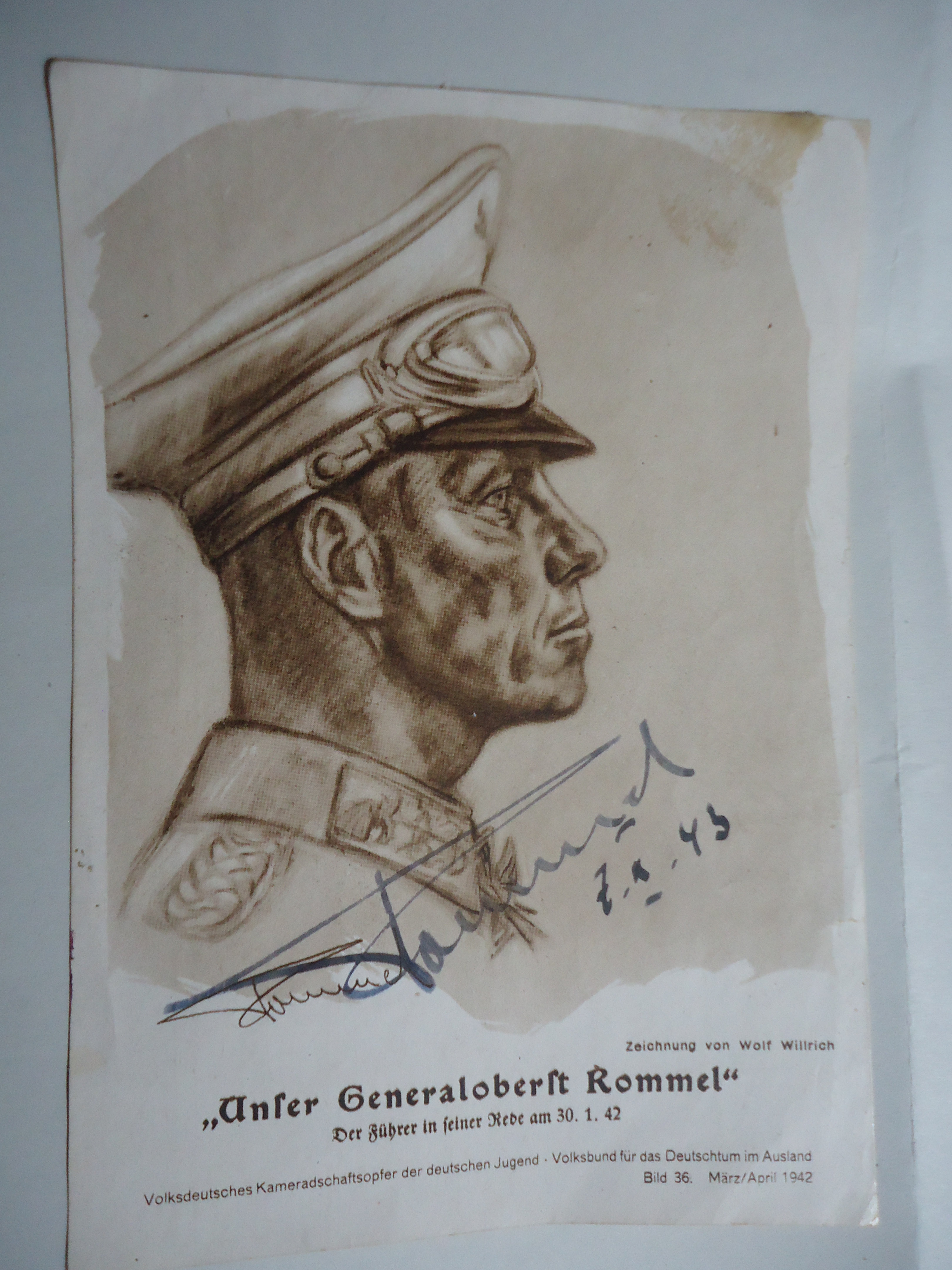 Fm Erwin Rommel Signed And Dated Print X Sjs Militaria