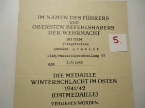 Russian Front Medal 37 PANZERJAG. Unit Award Document image 2