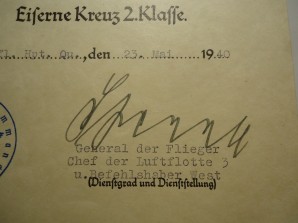 Iron Cross Award Document Signed by HUGO SPERRLE Luft General image 2